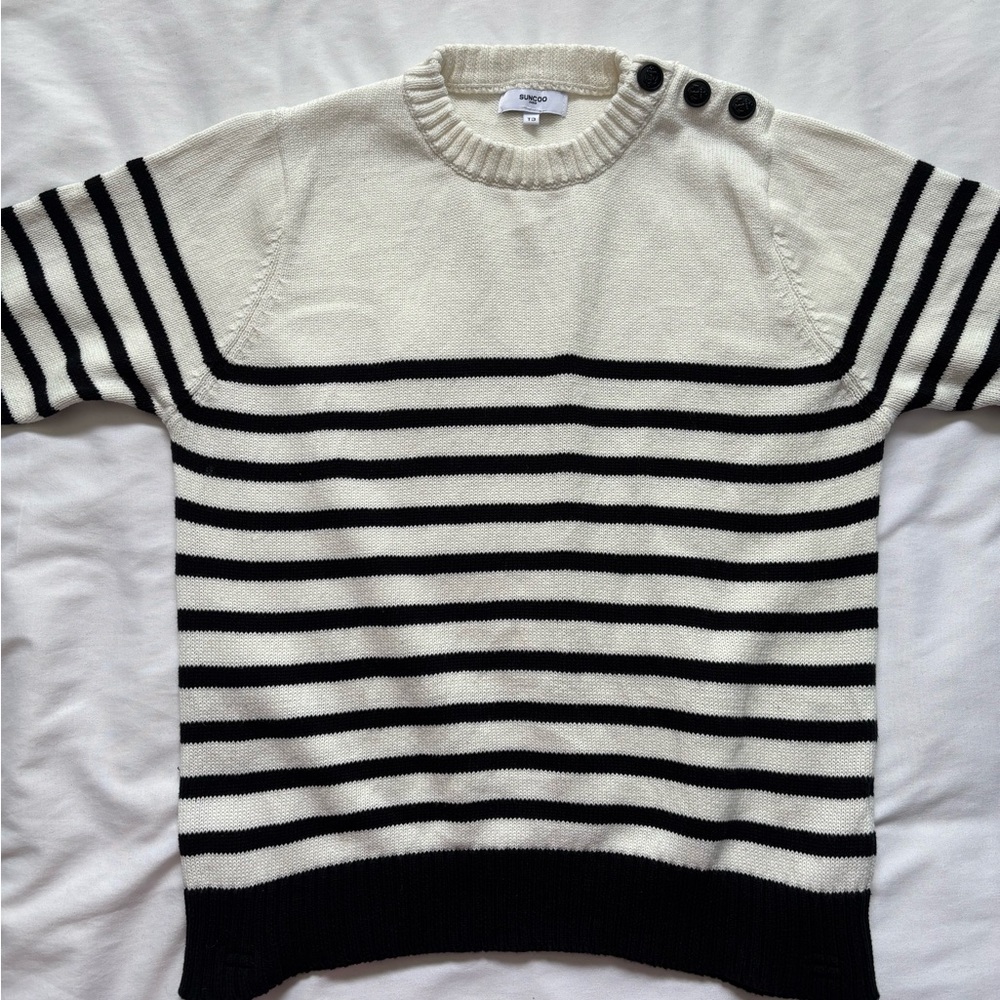 SUNCOO Black and Cream Striped Crewneck Sweater